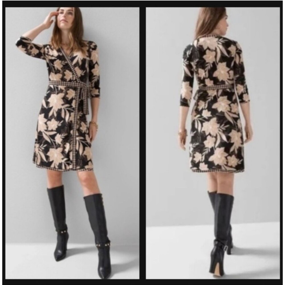 NWT White House Black Market Black Tan Floral Houndstooth Reversible Wrap Dress - Picture 13 of 15
